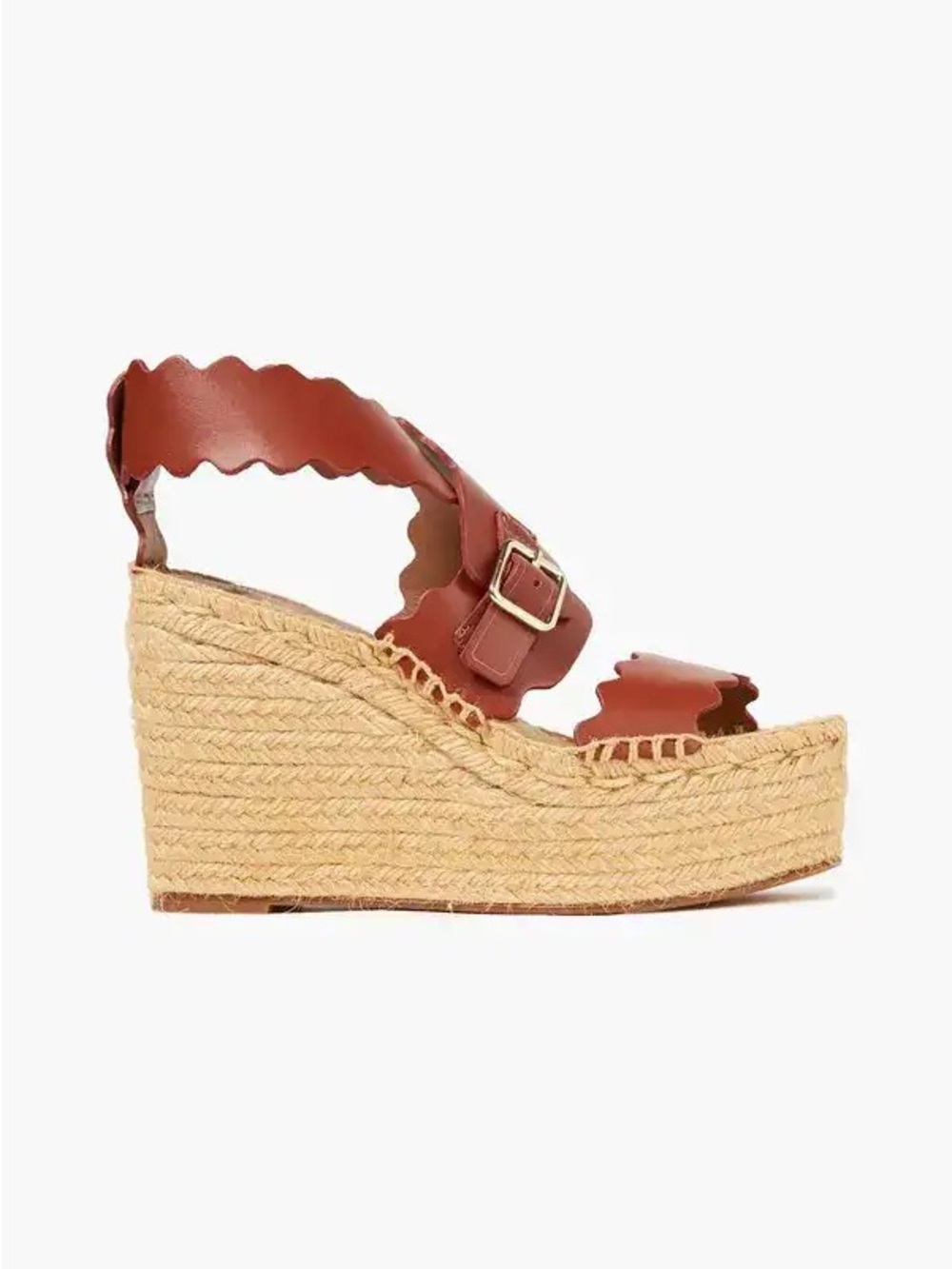 CHLOE’ Lauren Platform Espadrille Wedge Sandals Rust Scalloped Leather Heels - Picture 4 of 10